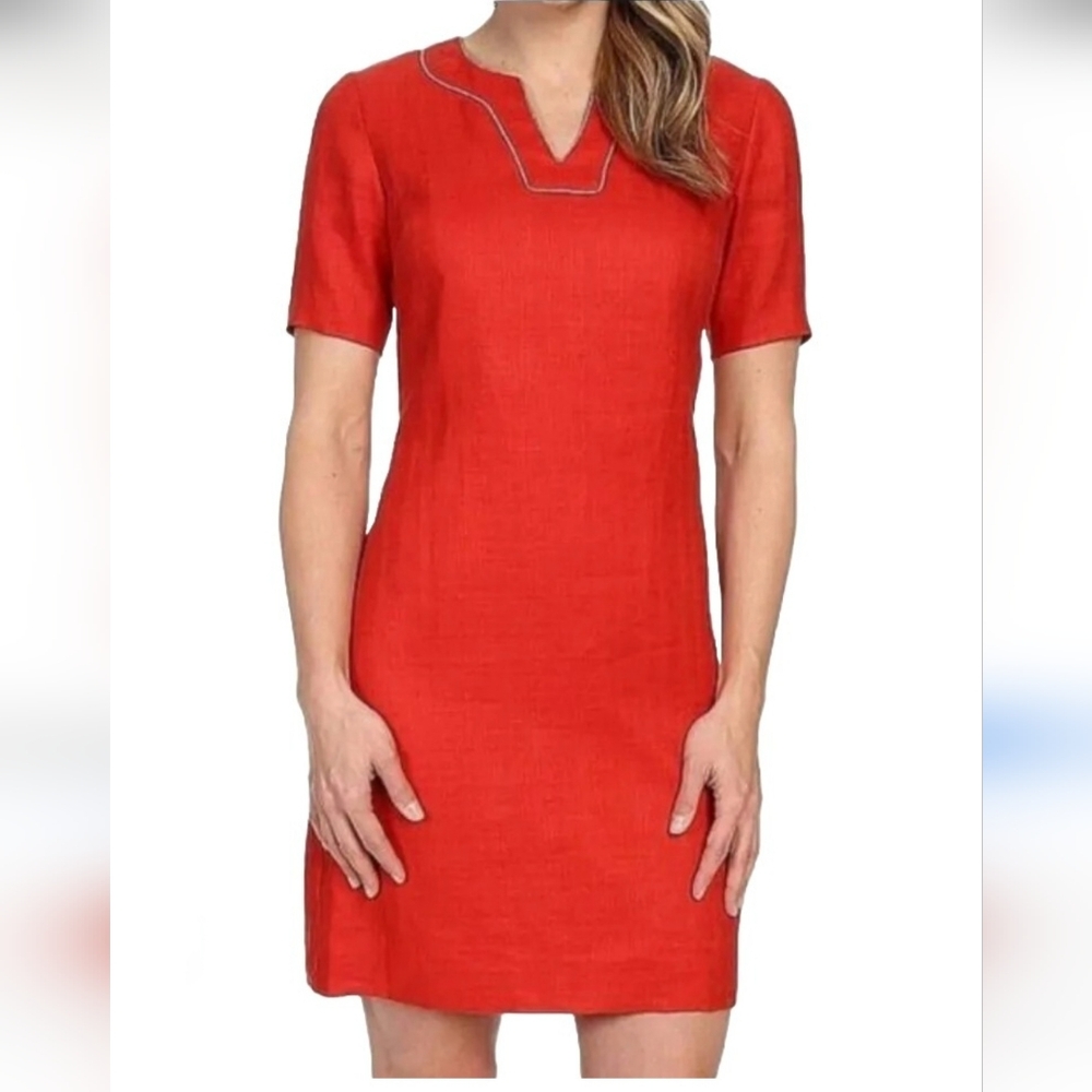 Pendleton Linen Red Sheath Dress Women's Size 6 Petite V Neck Short Piping